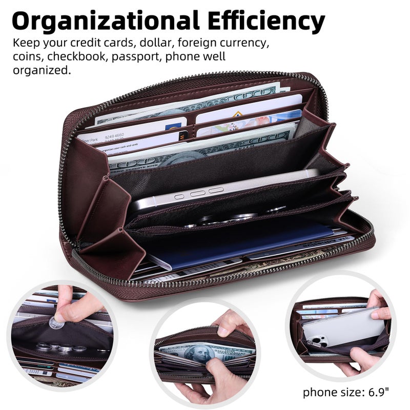 VISOUL Leather Long Zipper Pouch Wallet for Men and Women with RFID Blocking, Large Clutch Cash Long Wallet with Zipper (Coffee) - Image 3